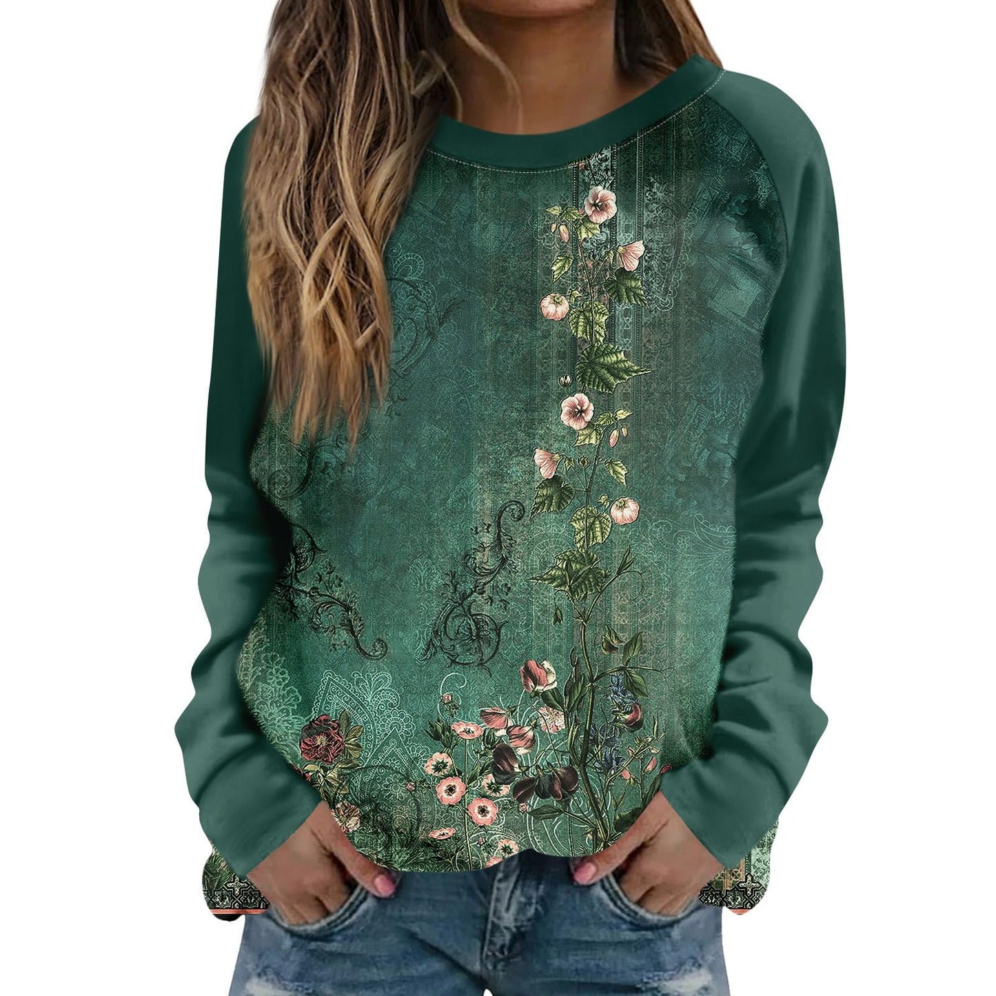 Jacē Casual Floral Crewneck Top for Women - Dark Green