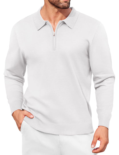 Jacē  Mens Polo Sweater Long Sleeve Polo Shirts Casual Quarter Zip Pullover Lightweight Fashion Casual Collared T Shirts White
