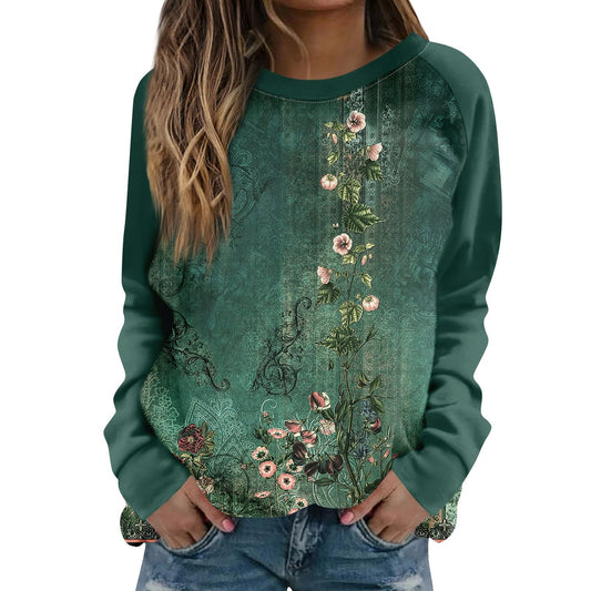 Jacē Casual Floral Crewneck Top for Women - Dark Green