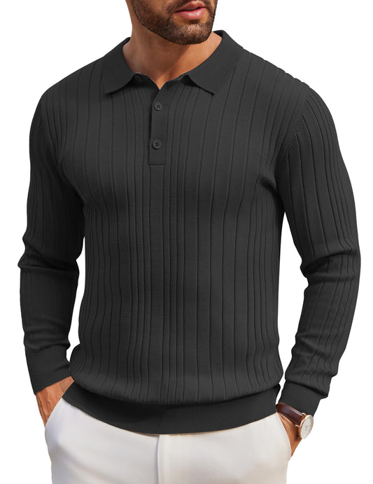 Jacē Men's Casual Knit Polo - Ribbed Long Sleeve Golf Shirt
